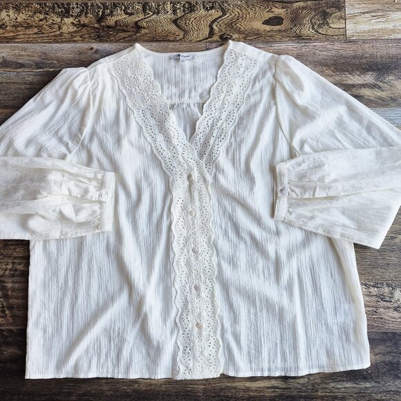NWoT Madewell Crinkle Eyelet Trim Button-Front Blouse Cotton Ivory NG899 - Picture 7 of 14